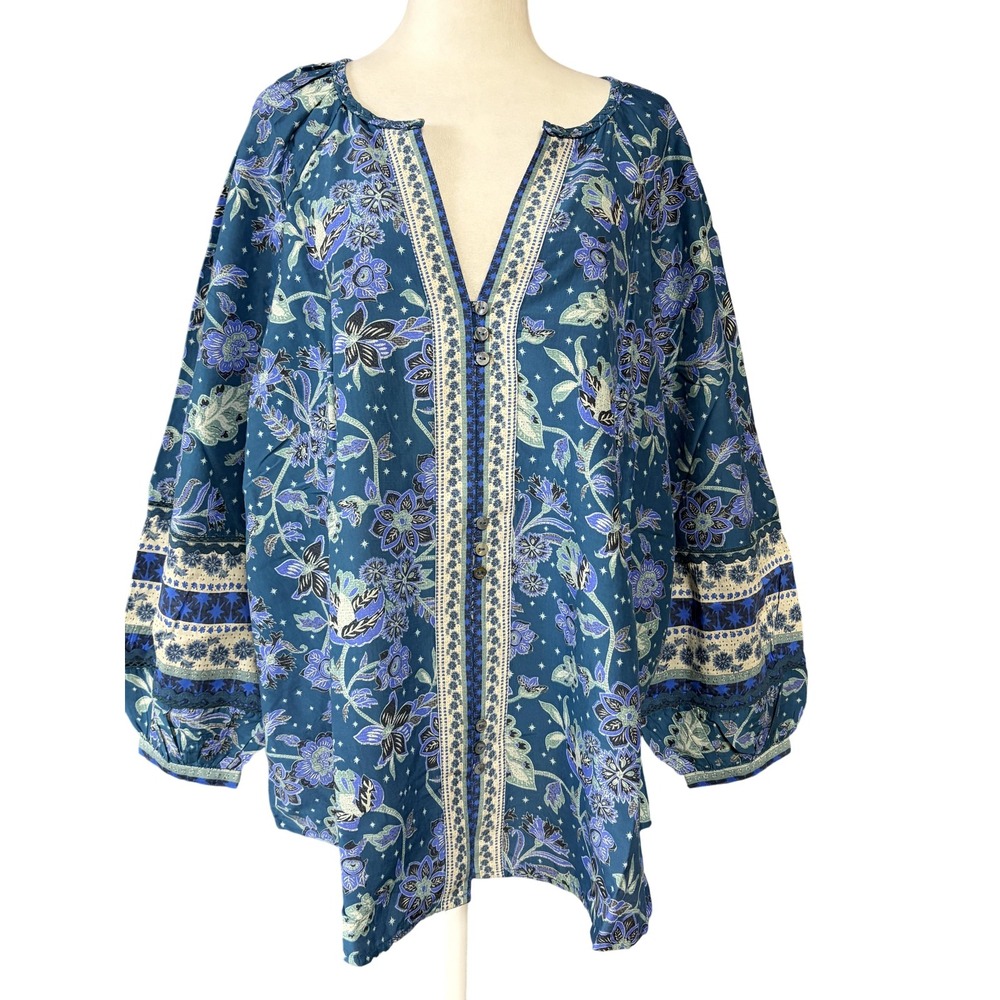 Sundance Arvilla Top Womens 2XL Blue Cotton Silk Floral Henley Tunic 114033